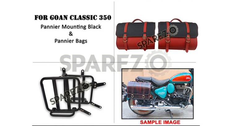 Royal Enfield Goan Classic 350 Leather Canvas Pannier Bags and Mounting      - SPAREZO